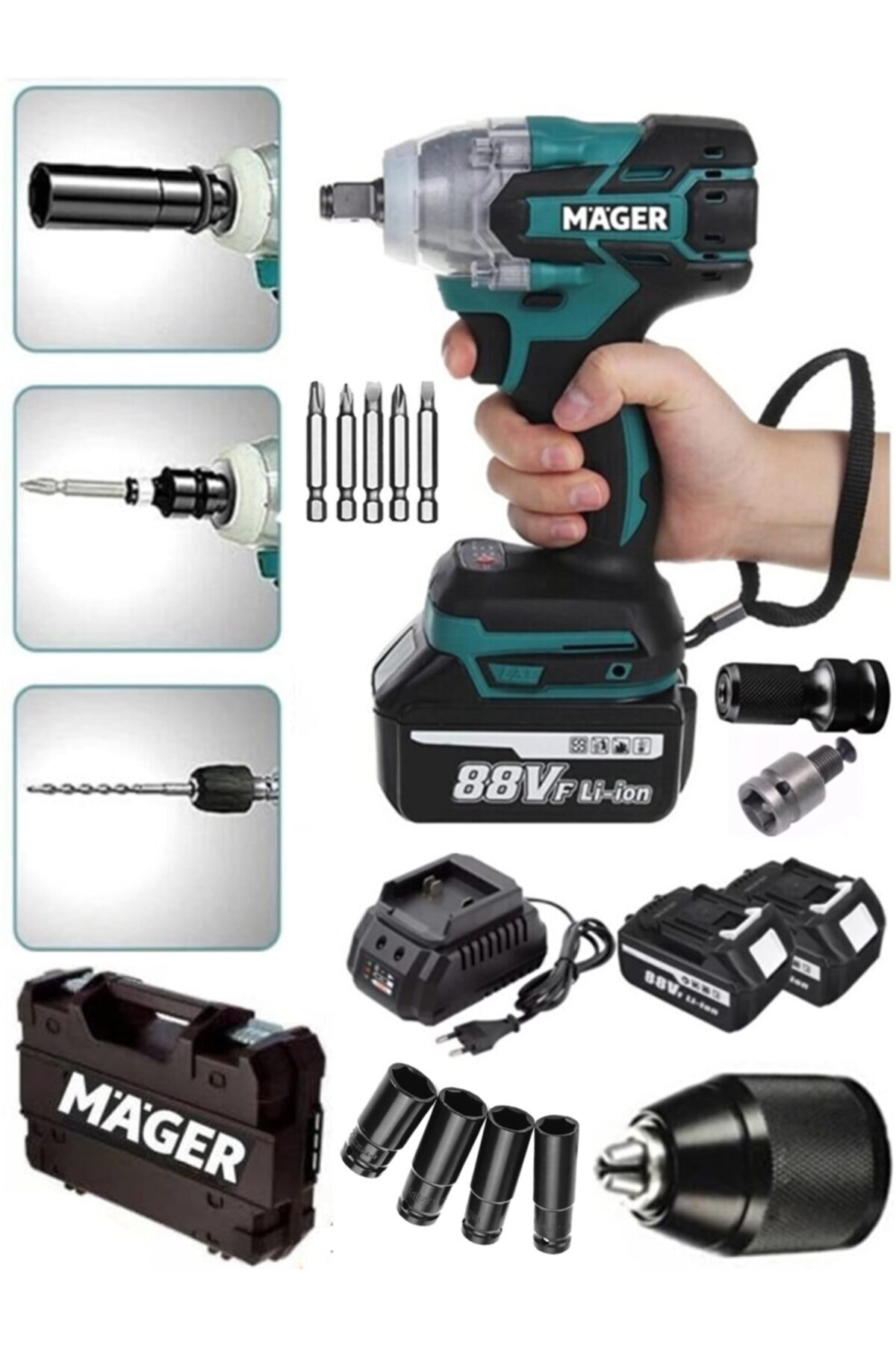 Mager Akülü Somun Sökme Matkap 88 Watt 10 Ah Yedek Akülü Çantalı Vidalama Madren Dahil 12 Li Set